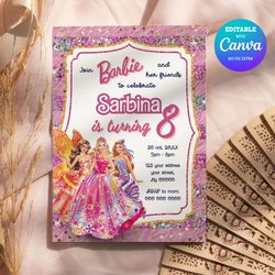 barbie birthday invitation, barbie princess birthday invitation canva editable instant download