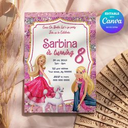 barbie birthday invitation, barbie princess birthday invitation canva editable instant download