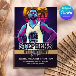 steph curry invitation, golden state warriors birthday invitation, nba birthday invitation canva editable