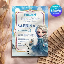 personalization frozen birthday invitation, elsa birthday invitation canva editable and printable