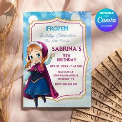 personalization frozen birthday invitation, anna frozen birthday invitation canva editable and printable