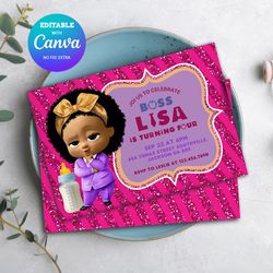 afro boss baby girl any age birthday invitation, afro girl birthday invitation canva editable