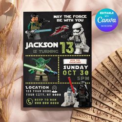 starwars birthday invitation, starwars lego party invitation canva editable and printable digital download