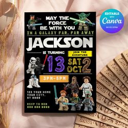 starwars birthday invitation, starwars lego party invitation canva editable and printable digital download