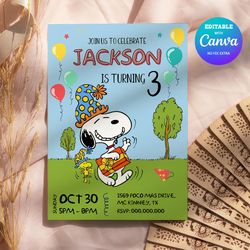 snoopy and woodstock birthday invitation canva editable and printable digital download