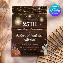 rustic wedding anniversary invitation, any year rustic style wedding anniversary invitation canva editable