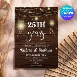 rustic wedding anniversary invitation, any year rustic style wedding anniversary invitation canva editable