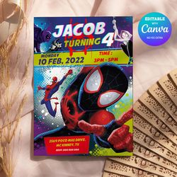 spider into the spider verse birthday invitation canva editable