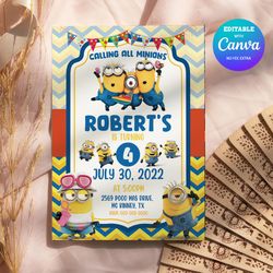 minion birthday invitation, minion party, minion any age birthday party invitation canva editable