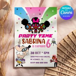 powerpuff afro birthday girl invitation, powerpuff any age birthday party invitation canva editable