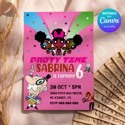 powerpuff afro birthday girl invitation pink background, powerpuff any age birthday party invitation canva editable