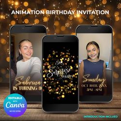 animation birthday invitation, gold glitter animation birthday invitation canva editable