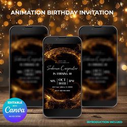 animation birthday invitation, gold glitter animated birthday invitation canva editable