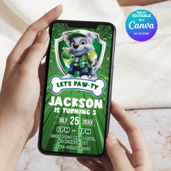 rocky paw patrol birthday invitation, rocky paw patrol e-invite birthday invitation canva editable