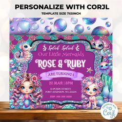twins girls birthday invitation, twins girl birthday invitation, mermaid party invitation corjl editable
