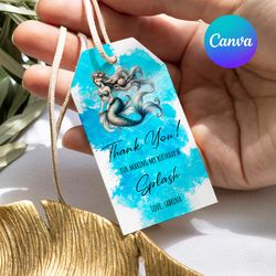 editable mermaid favor tag, mermaid favor tag printable canva editable