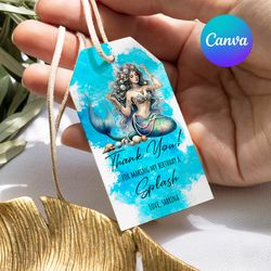 editable mermaid favor tag, mermaid favor tag printable canva editable 1