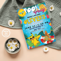 personalized file pokemone birthday invitation digital, pikachu party invite, summer pool party invitation, for gamer po