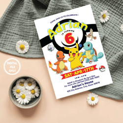 personalized file pikachu birthday invitation, pokemon invitation, pokemon birthday invitation, pokemon invitation, pika