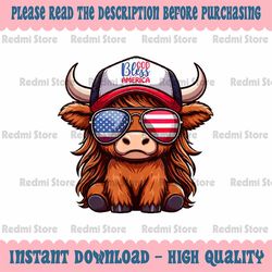 png only cute highland cow god bless america png, 4th of july chris-tian cow with hat png, independence day png, digital