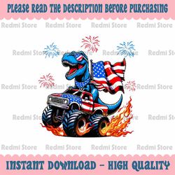 png only 4th of july t-r-ex on monster truck usa flag png, usa monster dino patriotic png, independence day png, digital