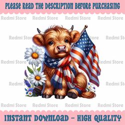 png only cute highland cow florals 4th of july png, usa flag patriotic cow png, independence day png, digital download