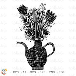 flowers svg, flowers in teapot cricut, flowers linocut, flowers silhouette, flowers stencil template dxf, clipart png