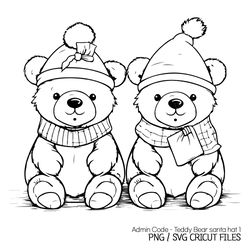 teddy bears in santa hats svg | christmas png black silhouette line art adorable cute charming decorations illustration