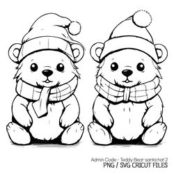 teddy bears in santa hats svg | christmas png black silhouette line art adorable cute charming decorations illustration