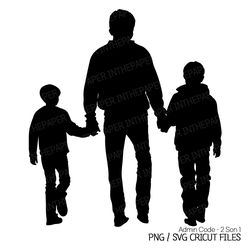 dad walking hand in hand with his two sons | fathers day png, silhouette svg, black and white, boy clip art, children