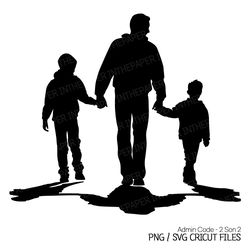 dad walking hand in hand with his two sons | fathers day png, silhouette svg, black and white, boy clip art, children