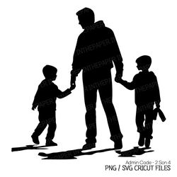 dad walking hand in hand with his two sons | fathers day png, silhouette svg, black and white, boy clip art, children