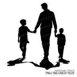 dad walking hand in hand with his two sons | fathers day png, silhouette svg, black and white, boy clip art, children