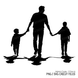 dad walking hand in hand with his two sons | fathers day png, silhouette svg, black and white, boy clip art, children