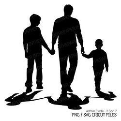 dad walking hand in hand with his two sons | fathers day png, silhouette svg, black and white, boy clip art, children