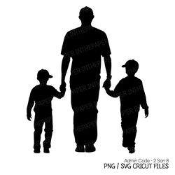dad walking hand in hand with his two sons | father's day png, silhouette svg, black and white, boy, children, kid, hat