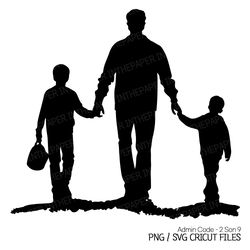 dad walking hand in hand with his two sons | father's day png, silhouette svg, black and white, boy, children, kid, hat