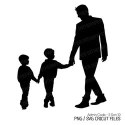 dad walking hand in hand with his two sons | father's day png, silhouette svg, black and white, boy, children, kid, hat