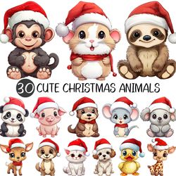 cute christmas animals png | santa hat clipart adorable elephant hamster deer cat puppy panda rabbit otter turtle rat mo