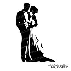 wedding svg | marriage png couple wedding dress tuxedo bouquet earrings bun hair elegant black silhouette man woman line
