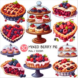 mixed berry pie png | fruit tart dessert clipart blueberry raspberry blackberry strawberry piece cake tray glass display