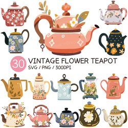 vintage flower teapot svg botanical cute kettle png glass stainless ceramic daisy doodle asian oriental sticker lea