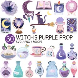 witch's purple prop png halloween svg magic clipart tarot card jack o'lantern cat hat book moon potion eye star flower