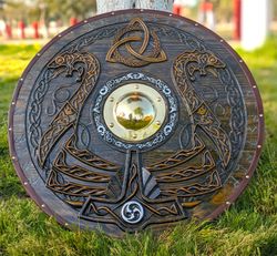 hand-carved viking warrior ship shield - norse inspired decor shield- viking gift for him- birthday gift - wedding gifts