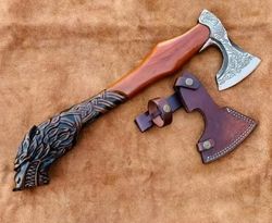 wolf head handmade bearded axe hand engraved axe with leather sheath hand carved rosewood handle gift for men anniversar