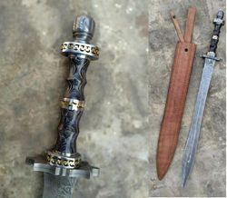 handmade damascus steel double edge viking sword, battle ready with sheath