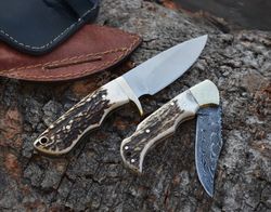 stag antler knife, tool steel knife, deer antler hunting knife, personalized pocket knife, engraved knife, custom knife