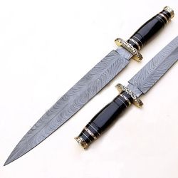 handmade damascus steel hunting dagger knife feather pattern blade buffalo horn handle