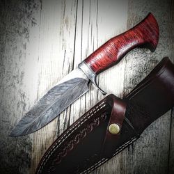 damascus feather bowie // custom // paduk wood handle beautiful burls // damascus fittings / feather forged pattern // c