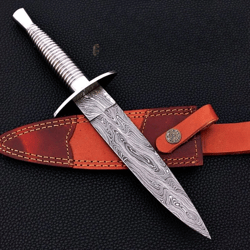 beautiful handmade damascus steel blade dagger double edge knife a gift, outdoor, camping free genuine leather sheath co